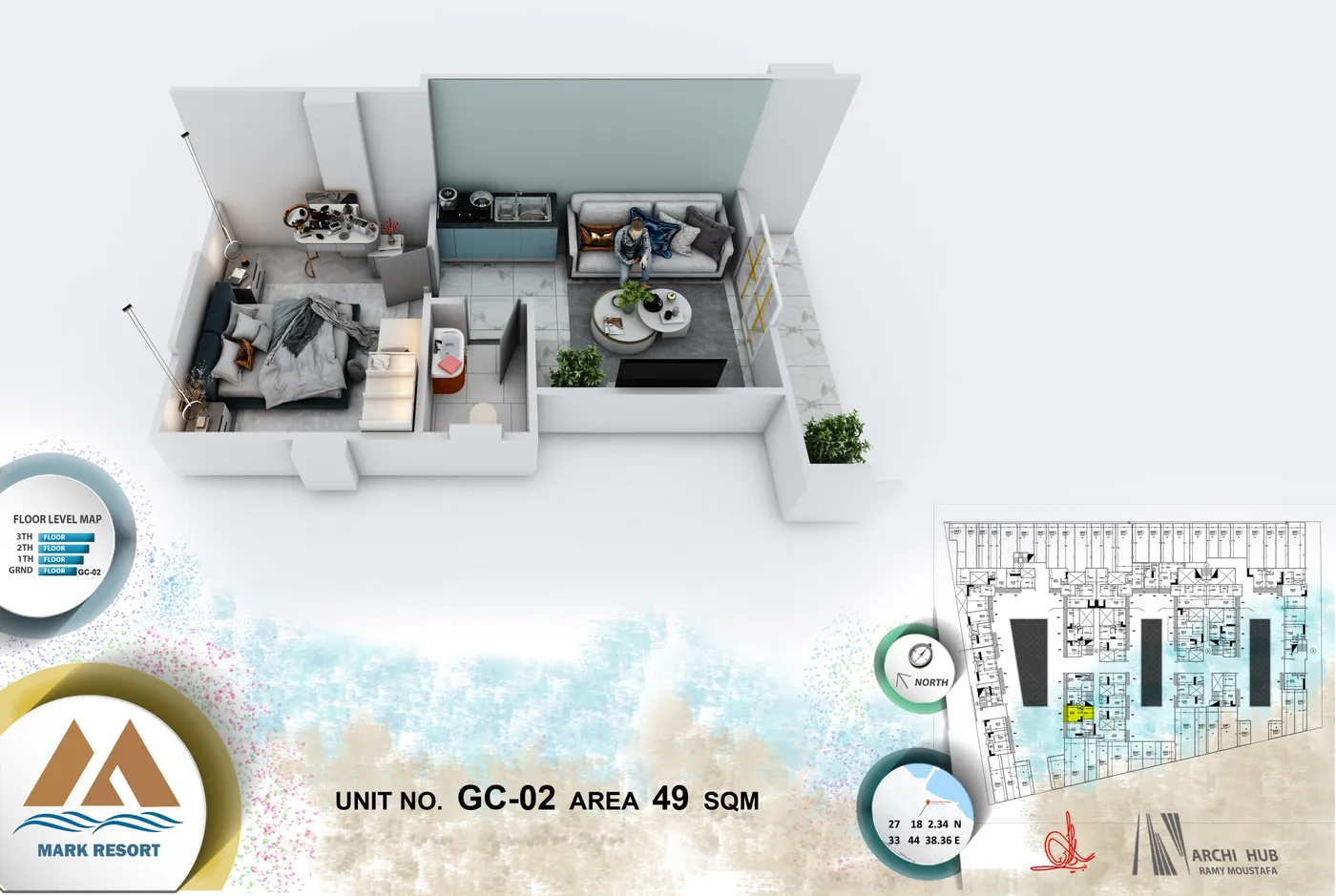 3D floor plan render of unit GC-2