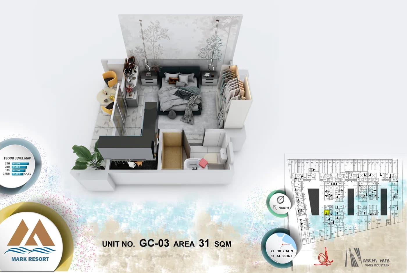 3D floor plan render of unit GC-3