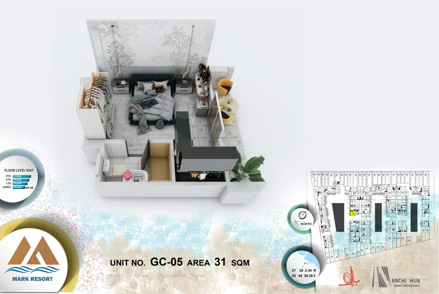 3D floor plan render of unit GC-5