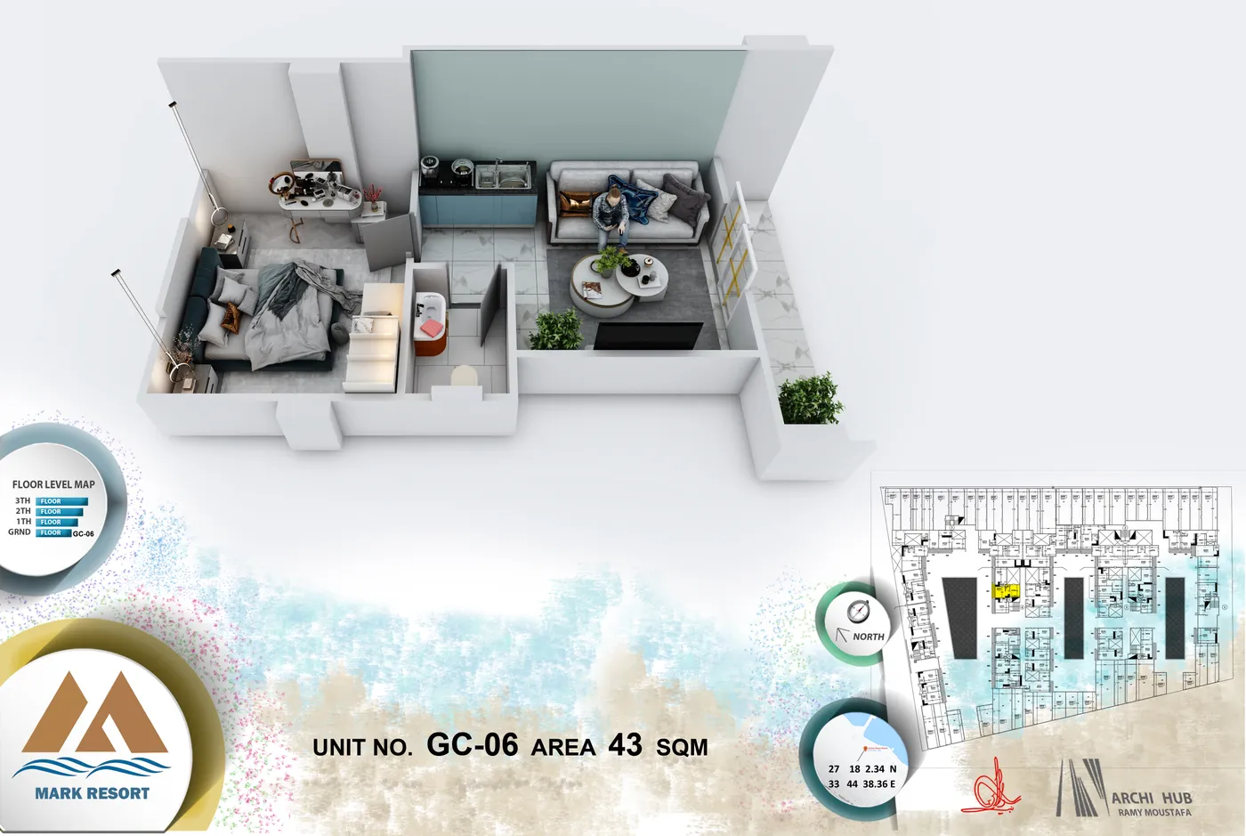 3D floor plan render of unit GC-6