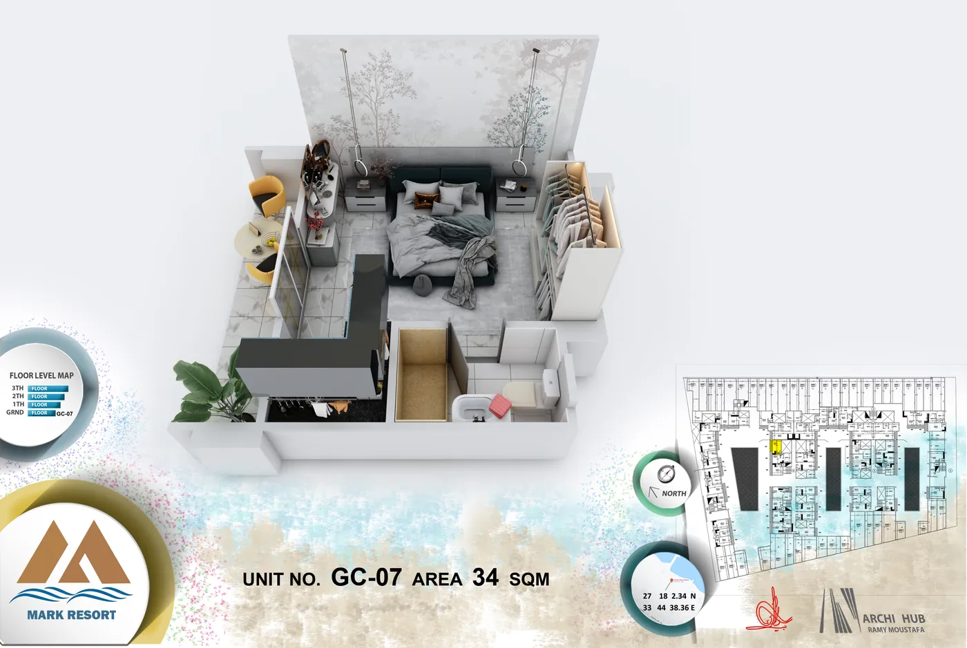 3D floor plan render of unit GC-7
