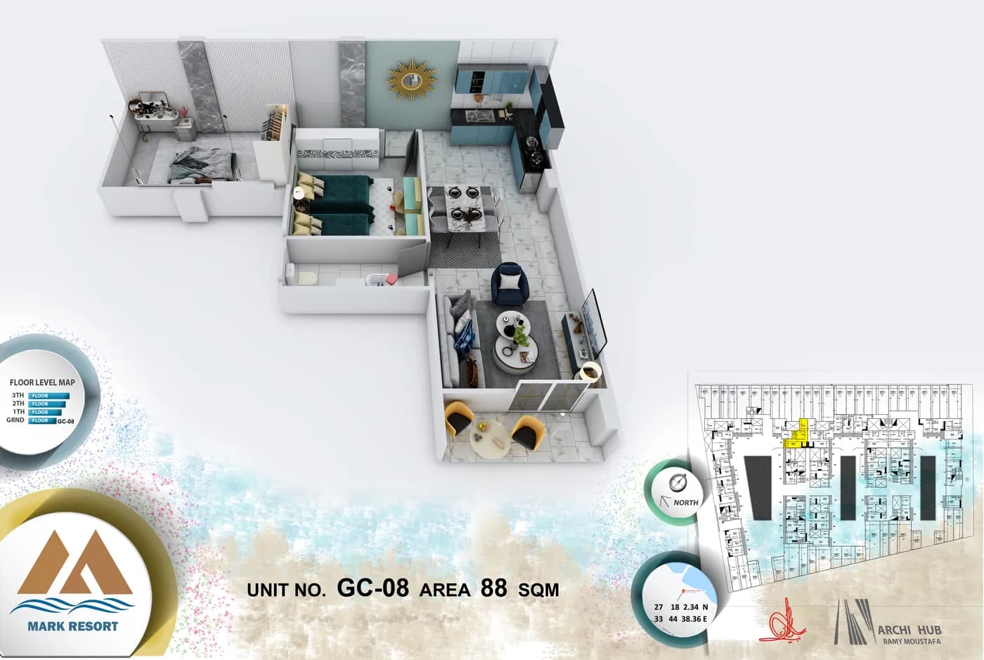 3D floor plan render of unit GC-8