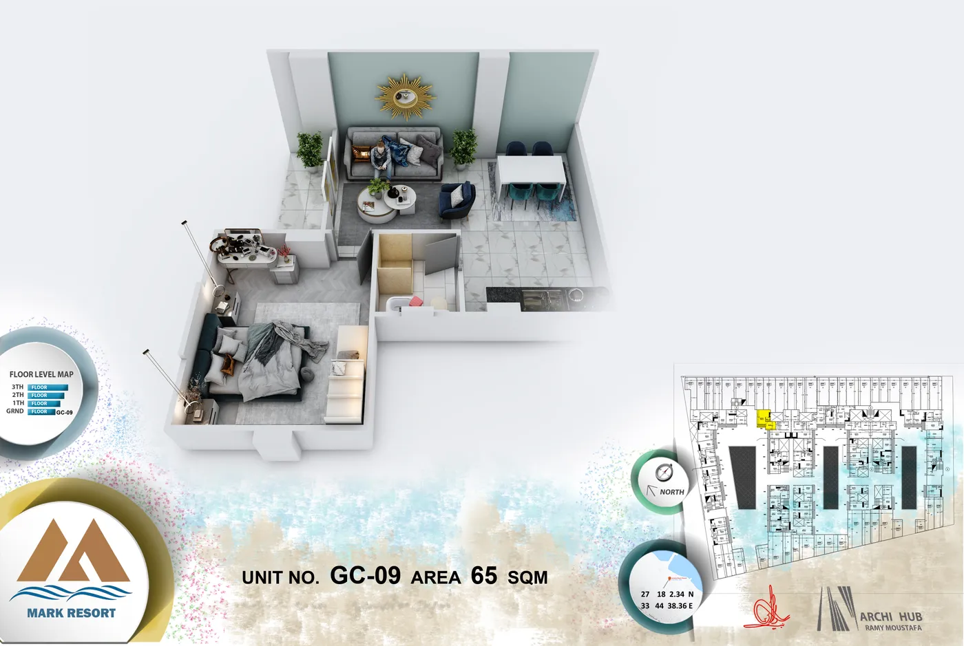 3D floor plan render of unit GC-9