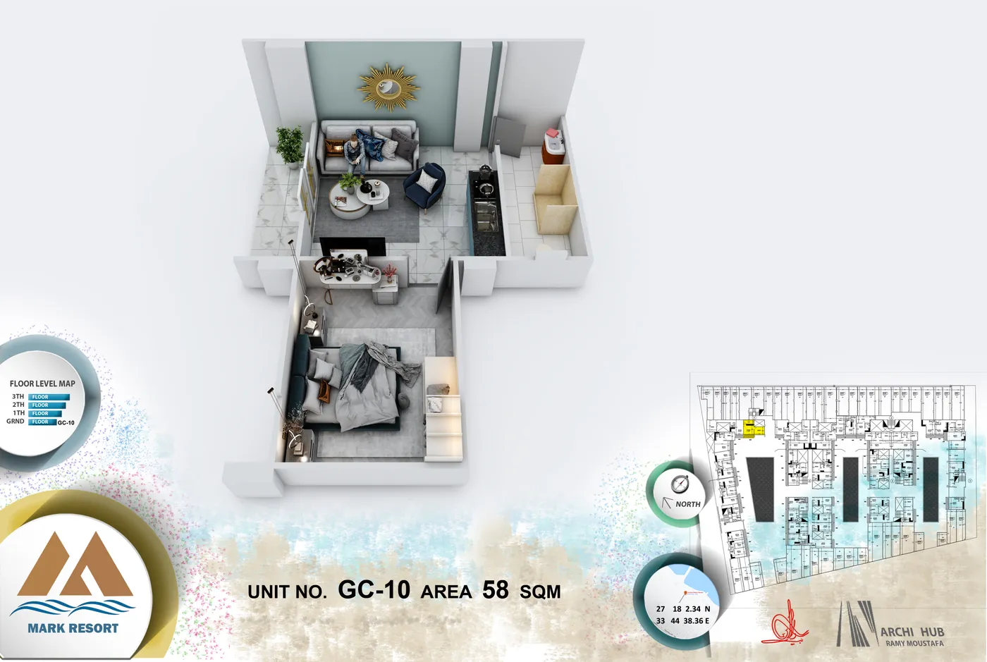 3D floor plan render of unit GC-10
