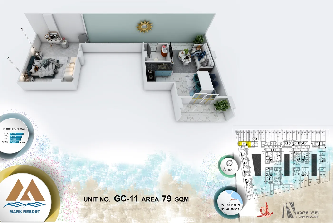 3D floor plan render of unit GC-11