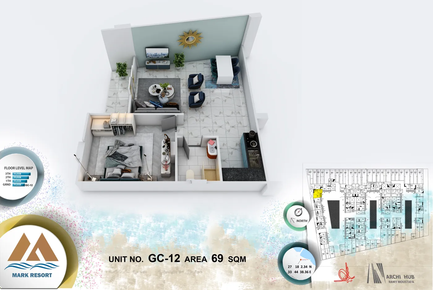 3D floor plan render of unit GC-12