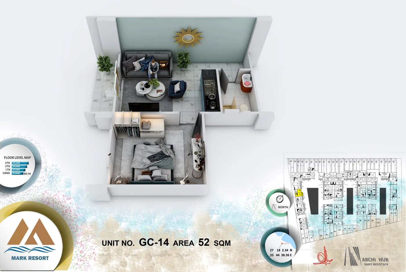 3D floor plan render of unit GC-14