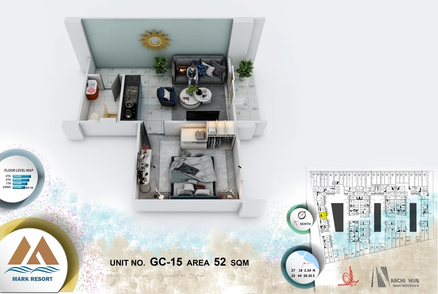 3D floor plan render of unit GC-15