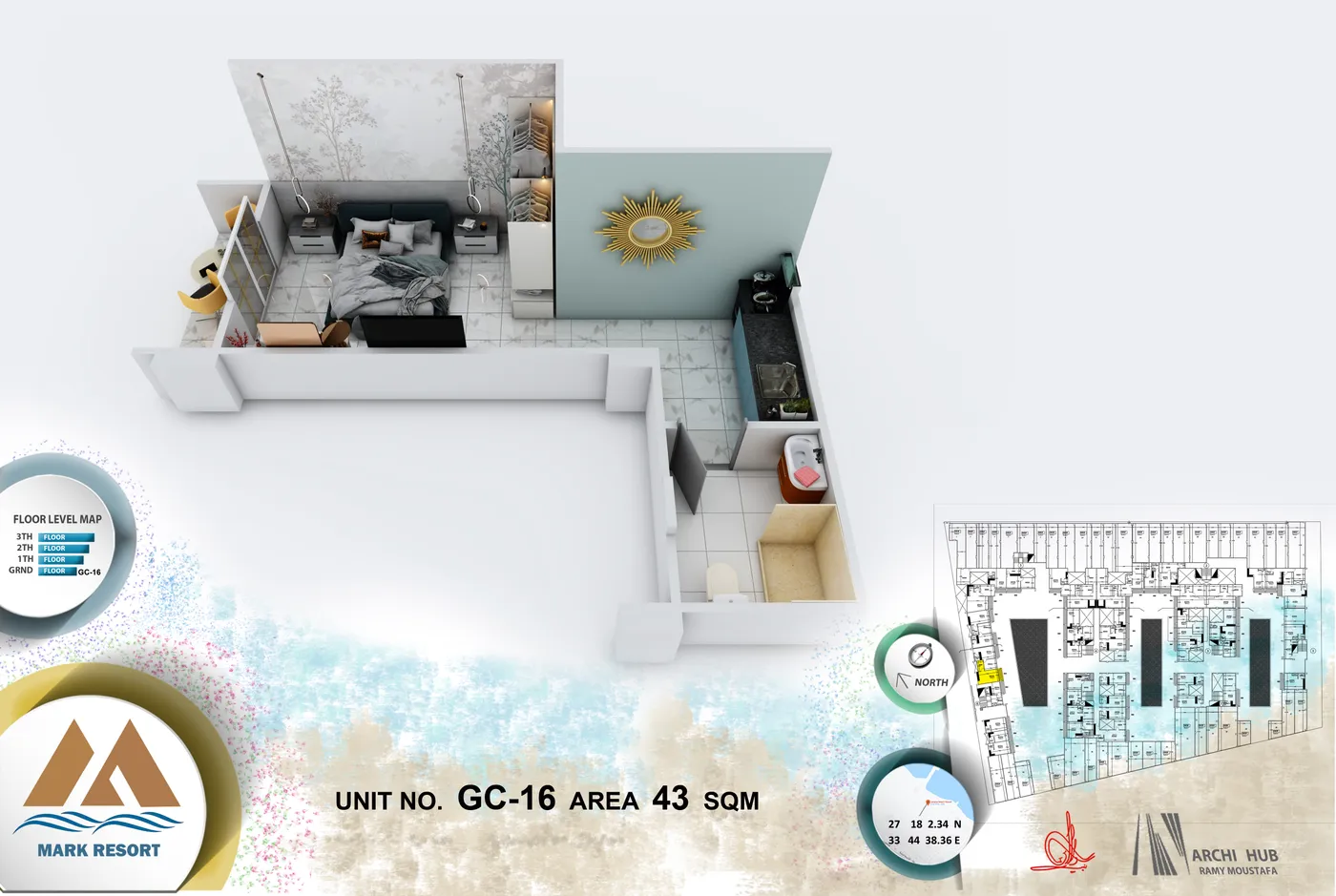 3D floor plan render of unit GC-16