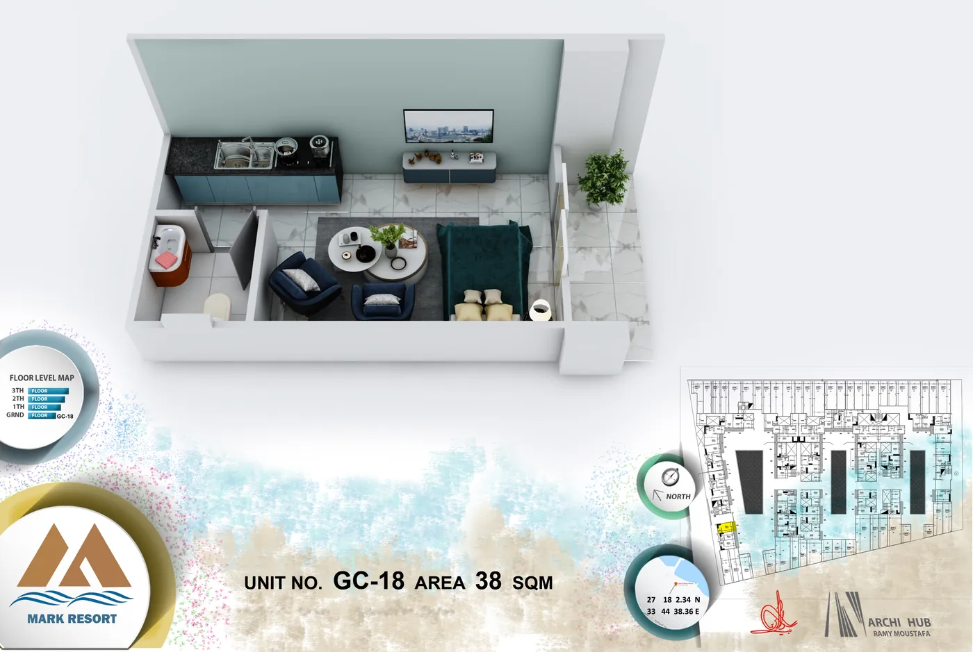 3D floor plan render of unit GC-18