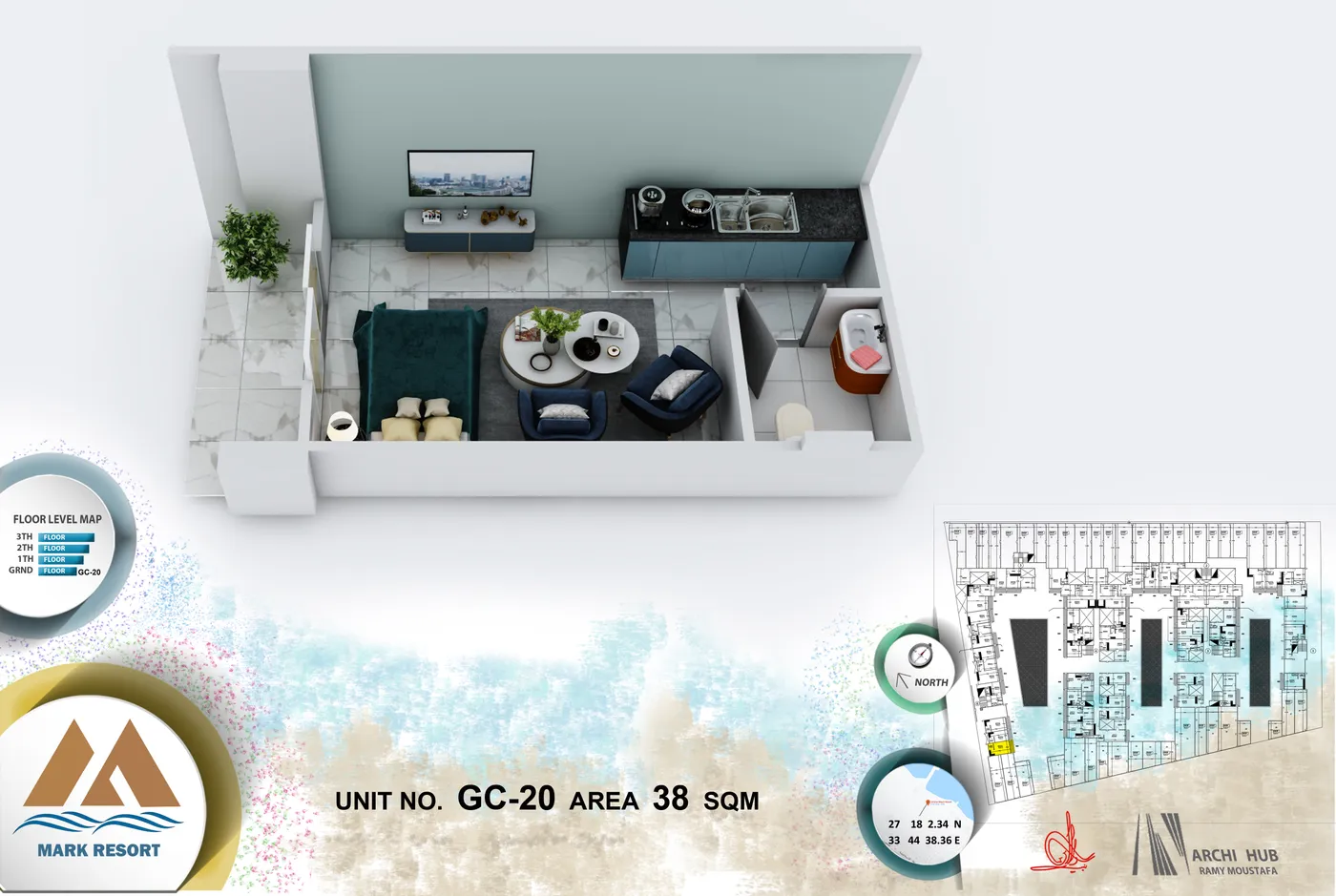 3D floor plan render of unit GC-20