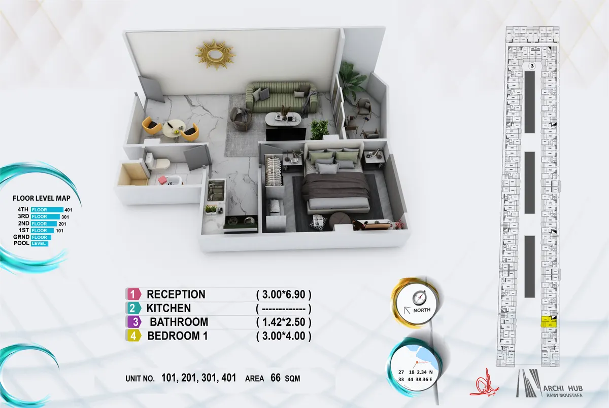 3D floor plan render of unit 101