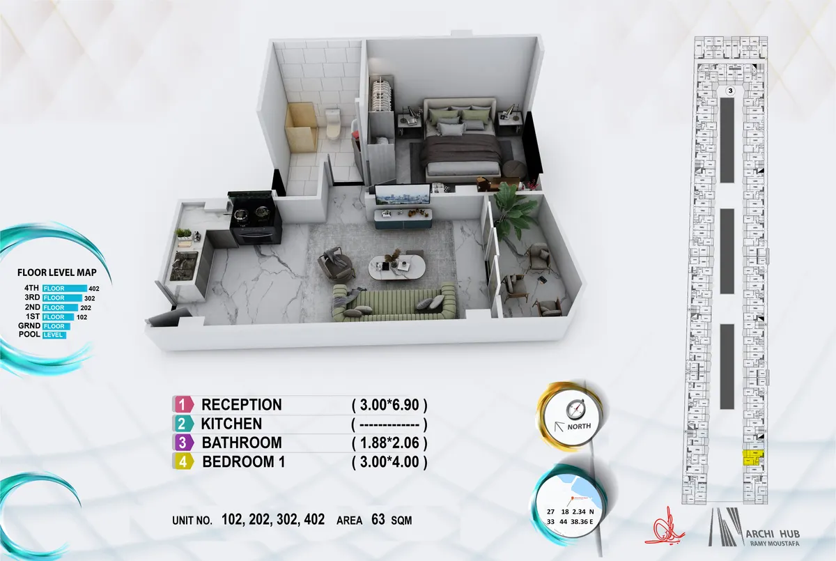 3D floor plan render of unit 202