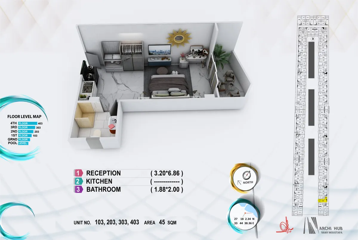 3D floor plan render of unit 203