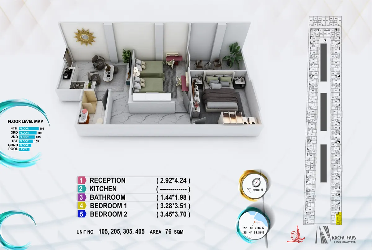 3D floor plan render of unit 305