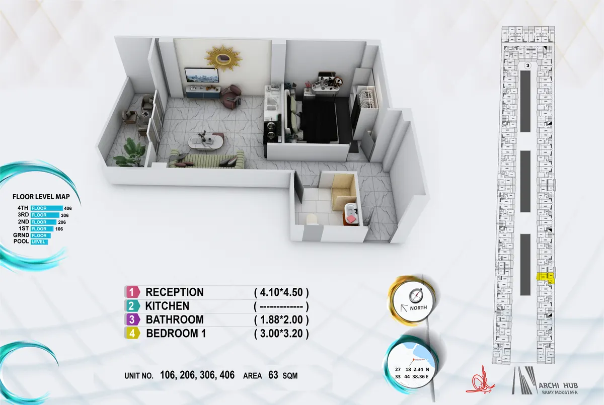 3D floor plan render of unit 306