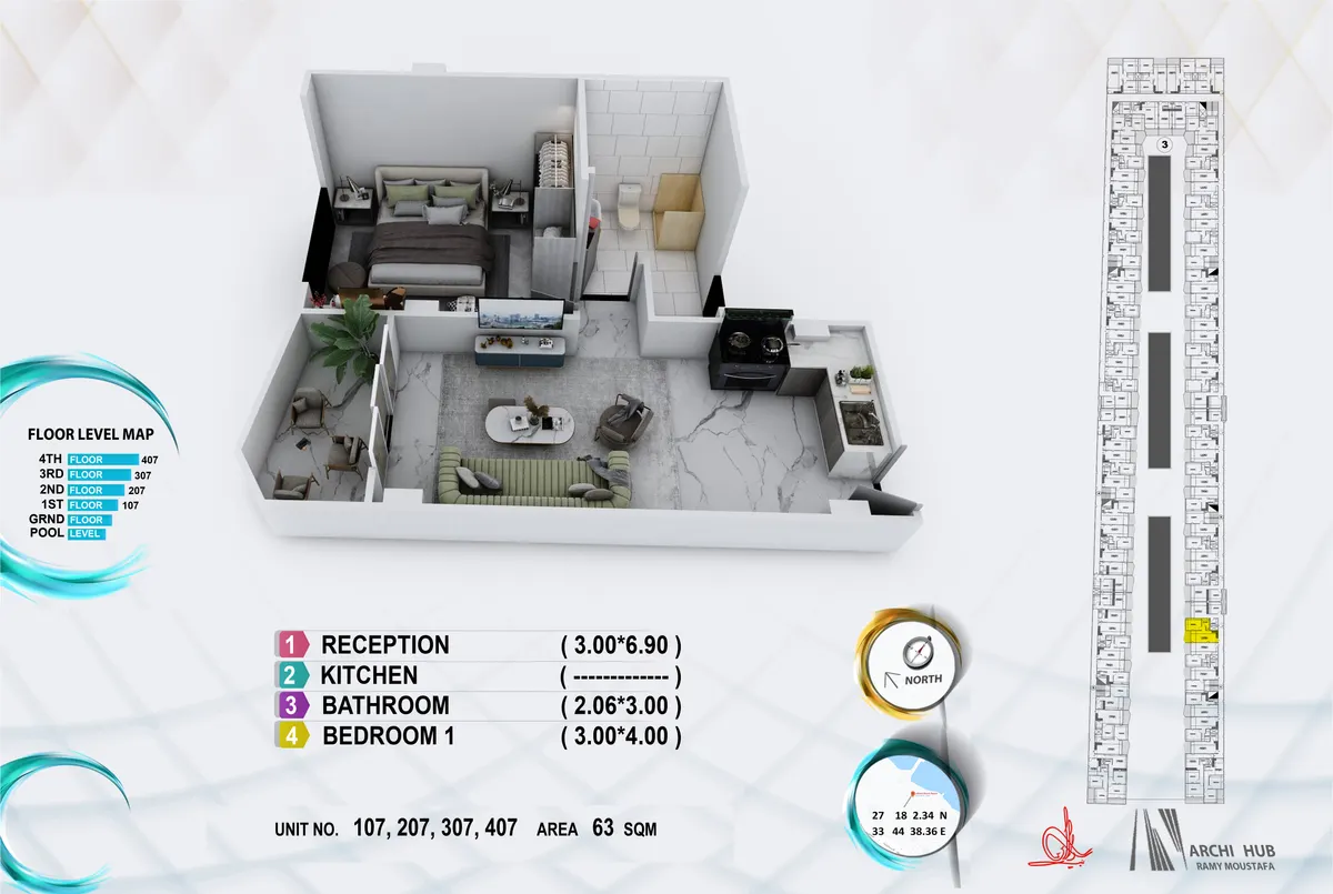 3D floor plan render of unit 207