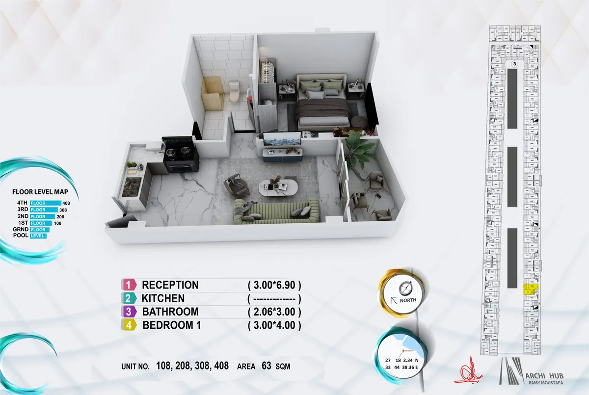 3D floor plan render of unit 408