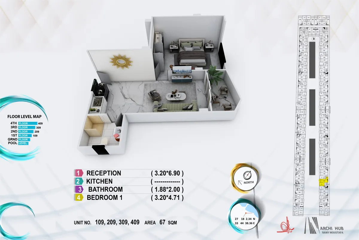3D floor plan render of unit 109