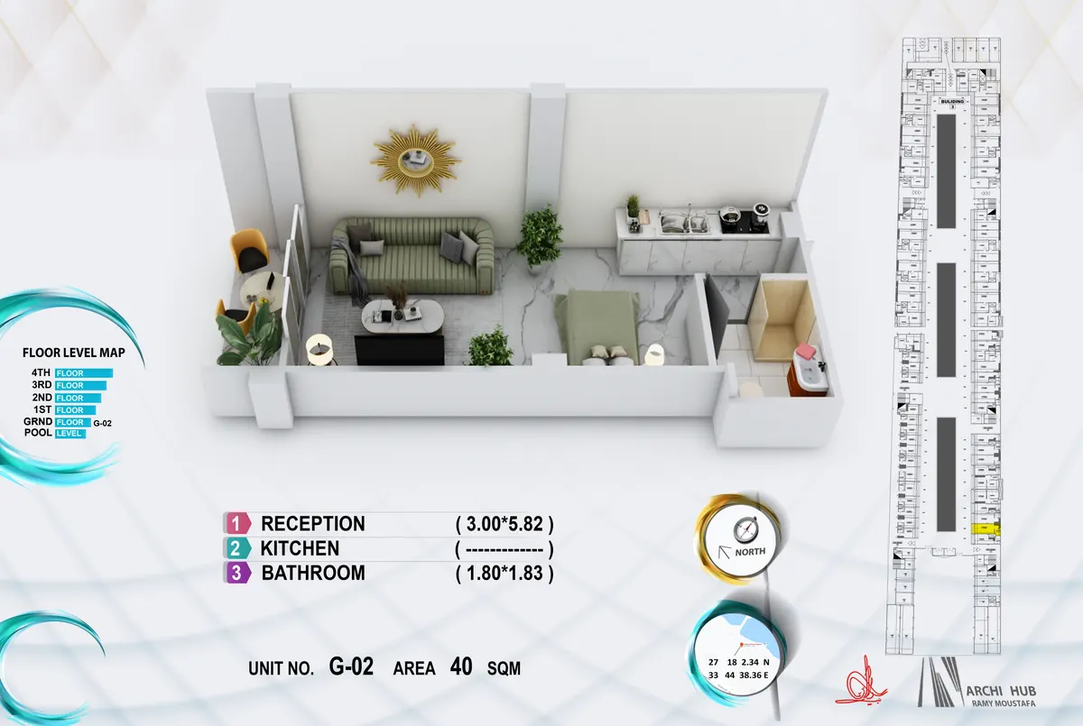 3D floor plan render of unit G2