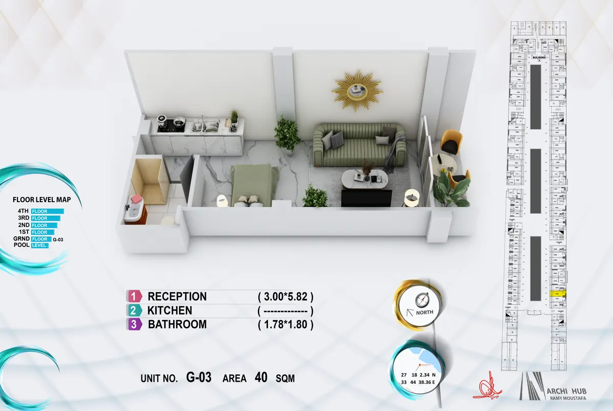3D floor plan render of unit G3
