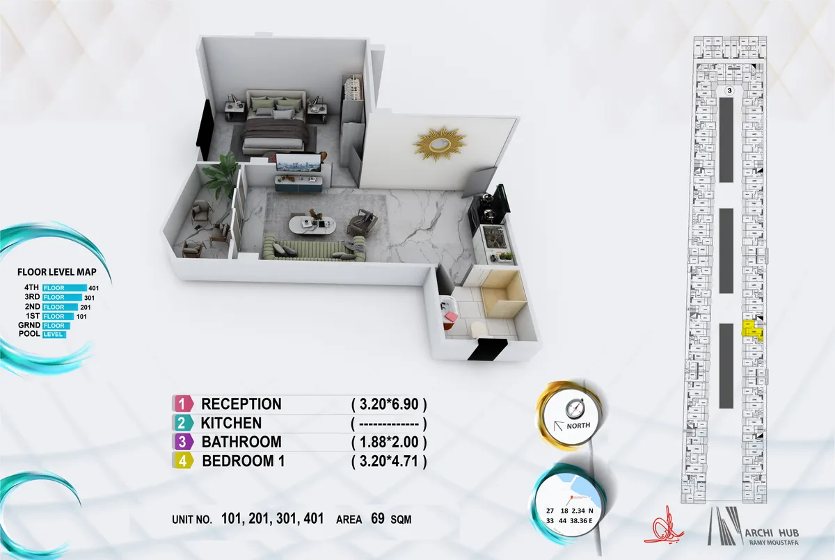 3D floor plan render of unit 301