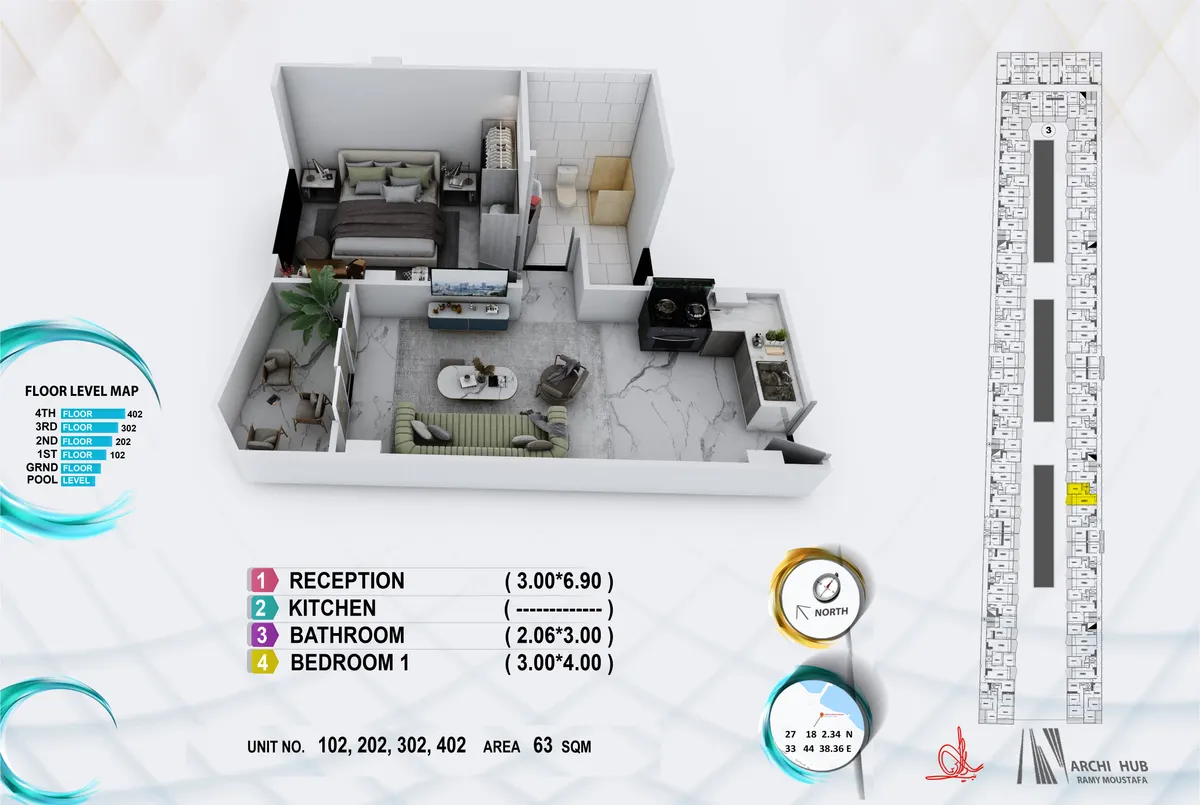 3D floor plan render of unit 102