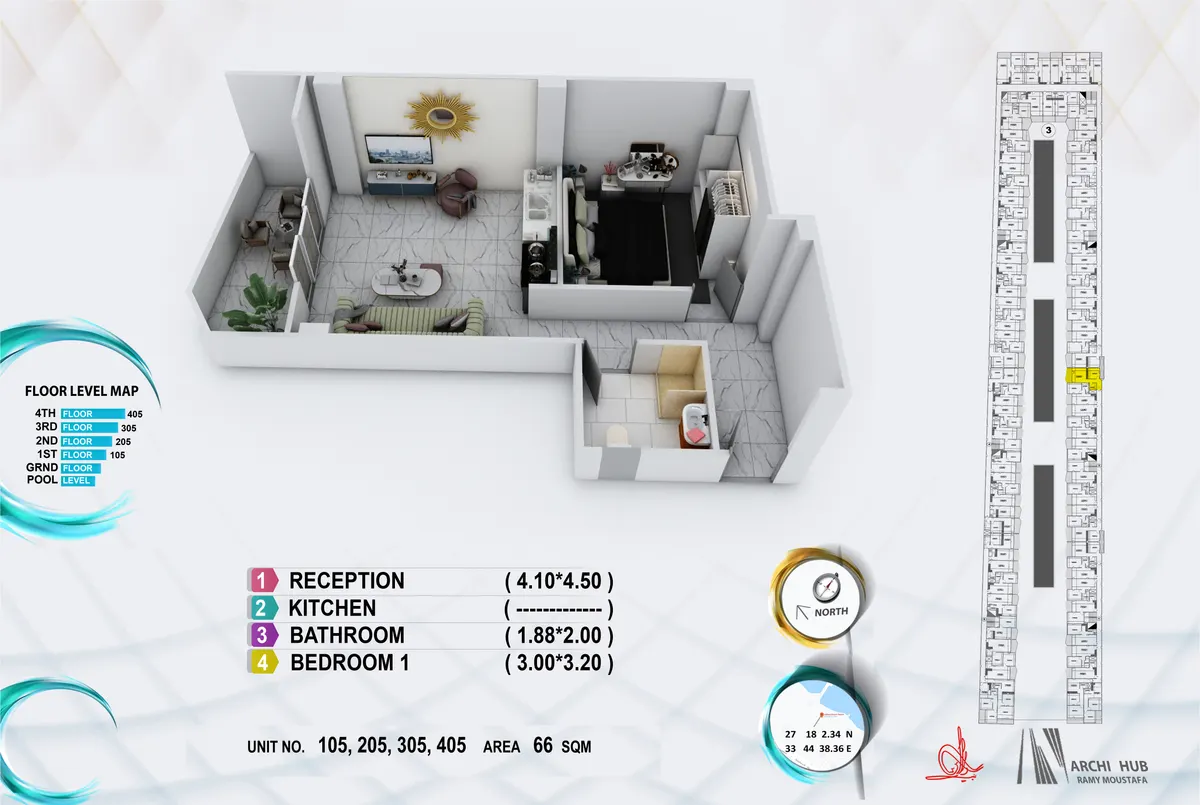 3D floor plan render of unit 105