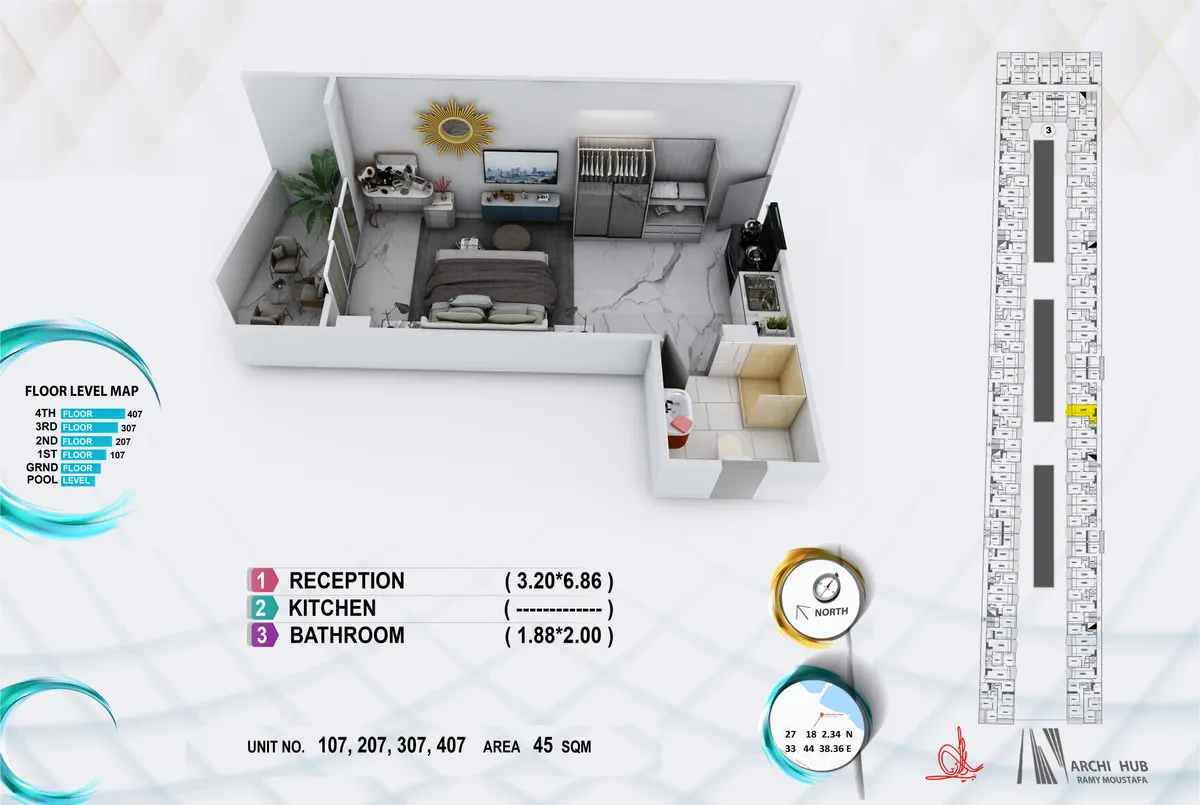 3D floor plan render of unit 307