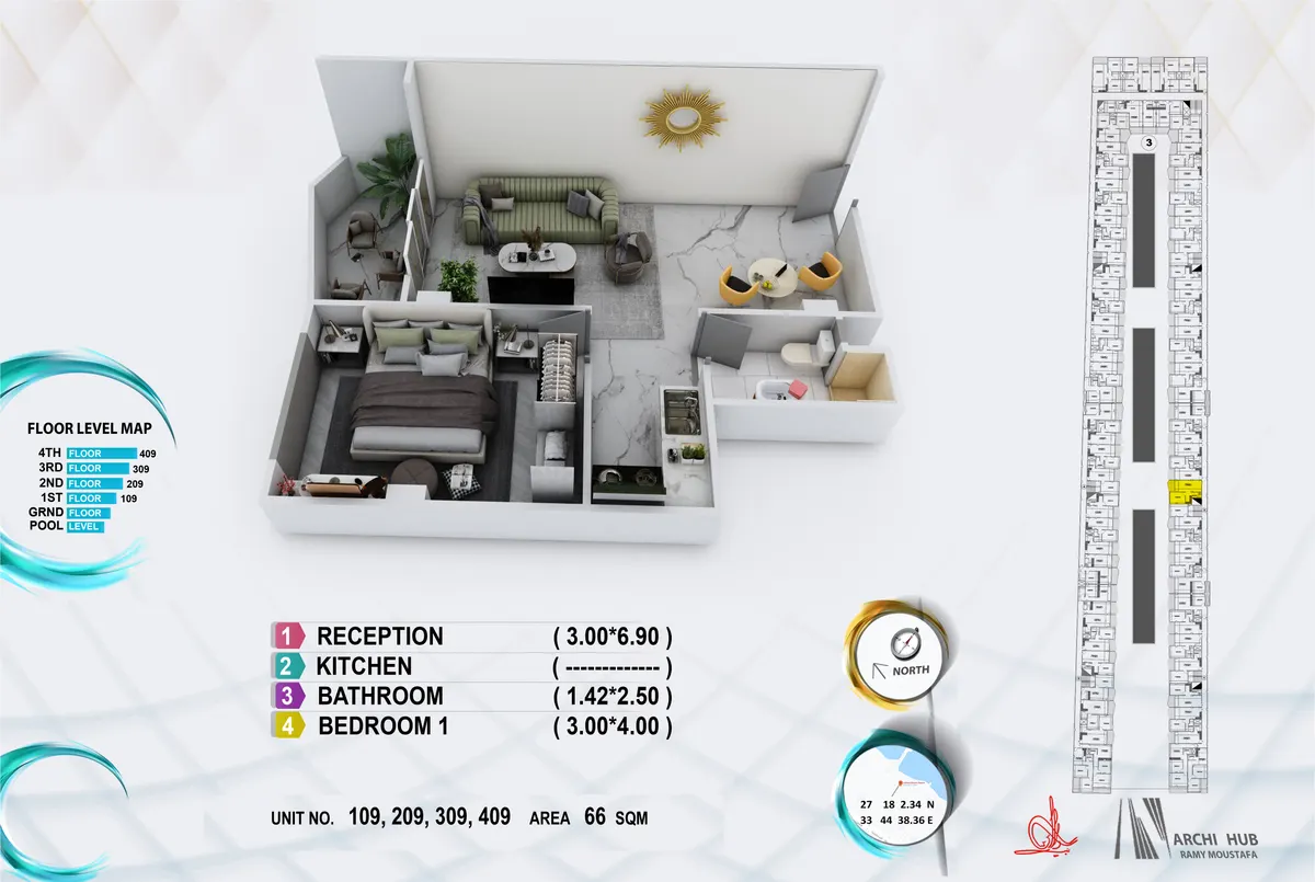 3D floor plan render of unit 109