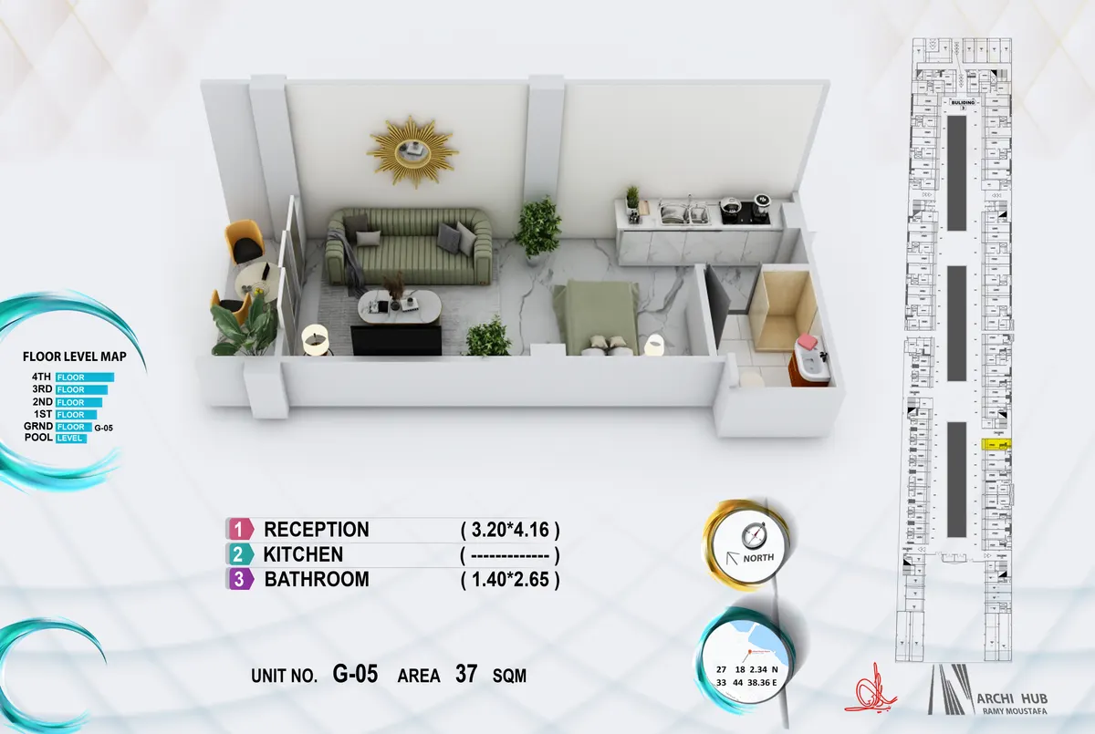 3D floor plan render of unit G5