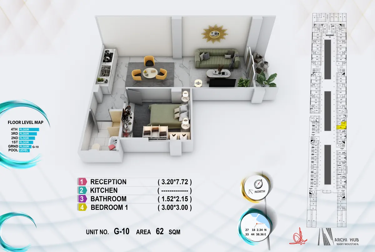 3D floor plan render of unit G10