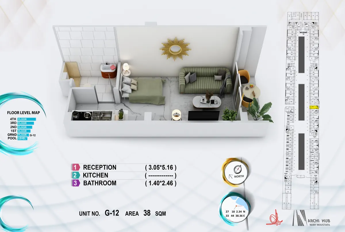 3D floor plan render of unit G12