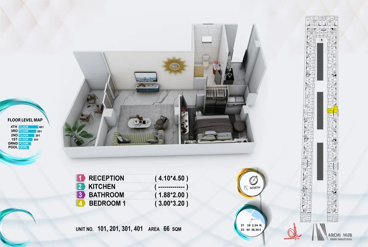 3D floor plan render of unit 201