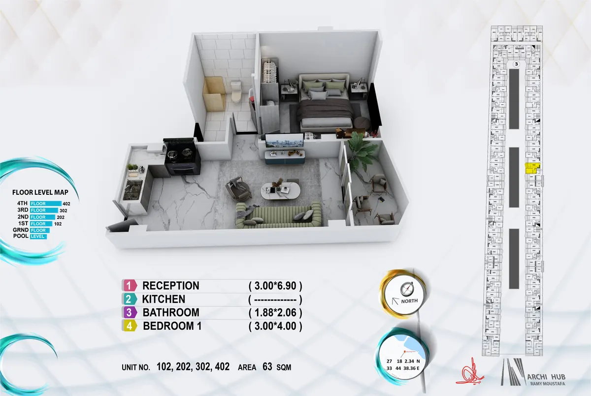 3D floor plan render of unit 302