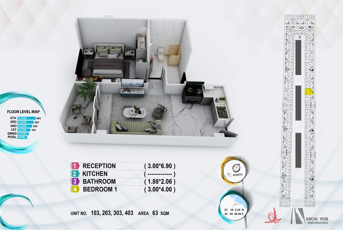 3D floor plan render of unit 303