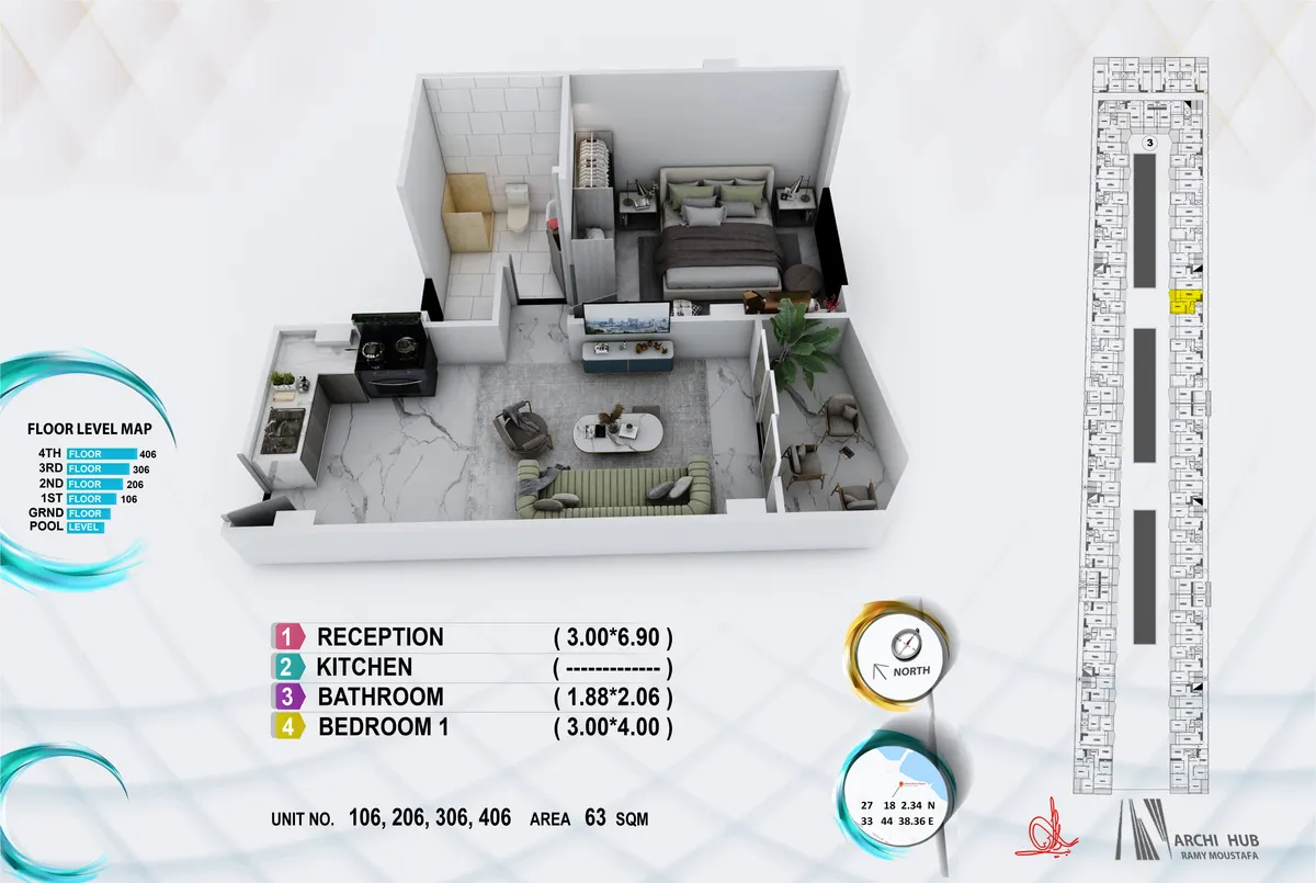 3D floor plan render of unit 206