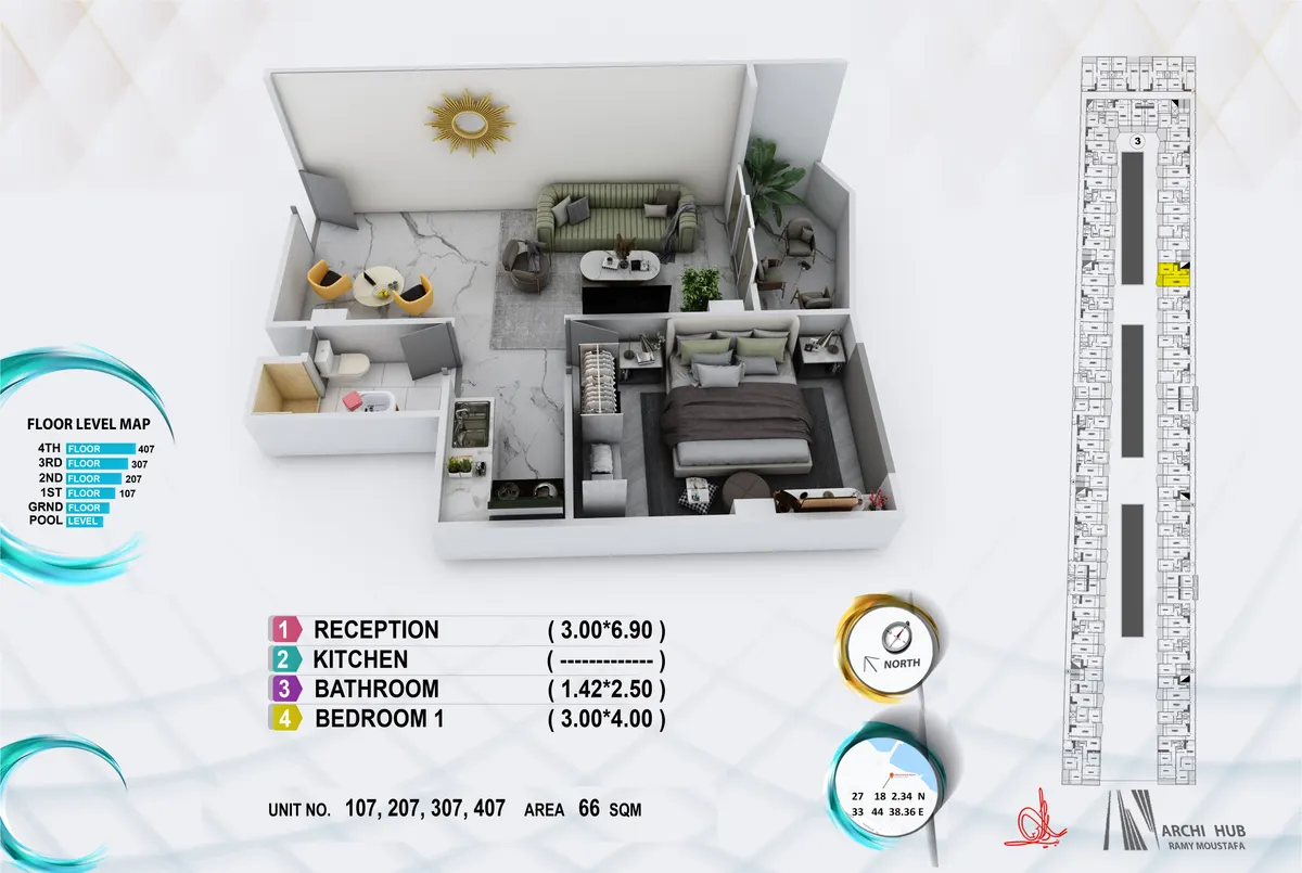 3D floor plan render of unit 307