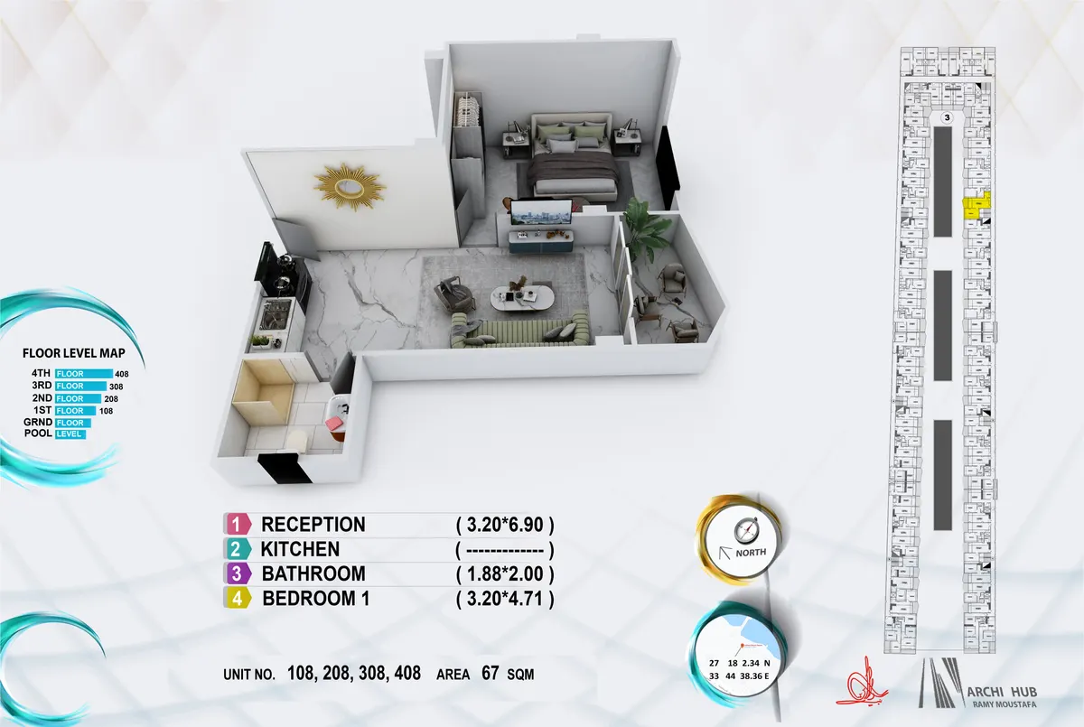 3D floor plan render of unit 208