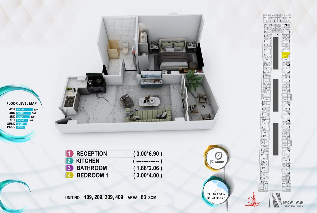3D floor plan render of unit 309