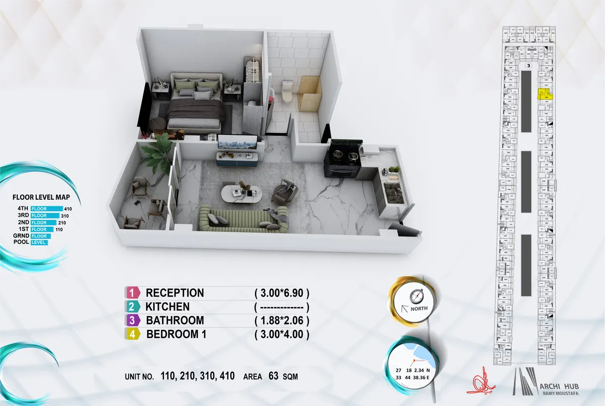 3D floor plan render of unit 210