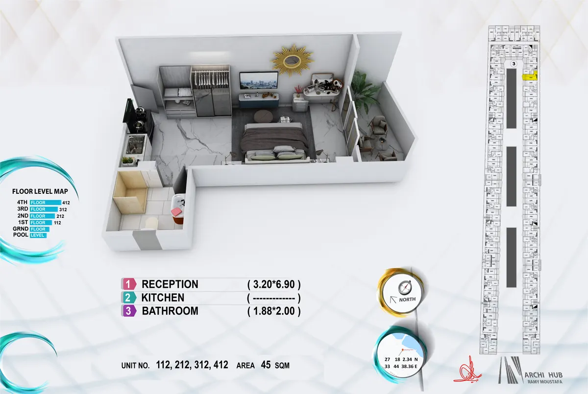 3D floor plan render of unit 412