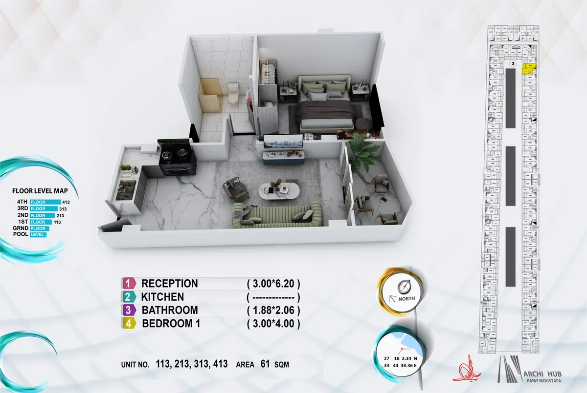 3D floor plan render of unit 113