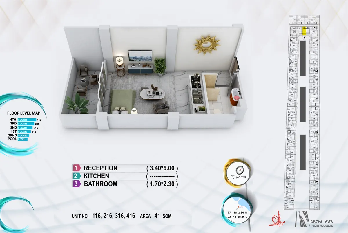 3D floor plan render of unit 416
