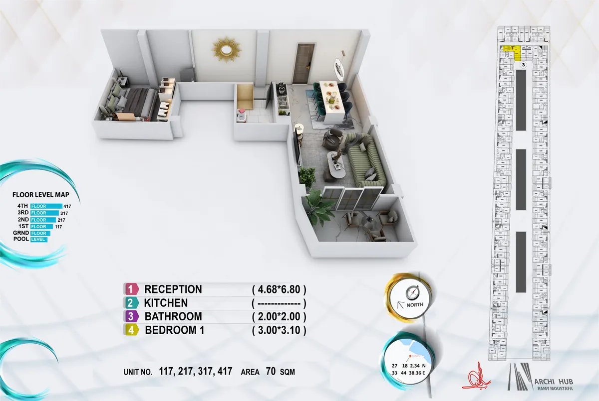 3D floor plan render of unit 217