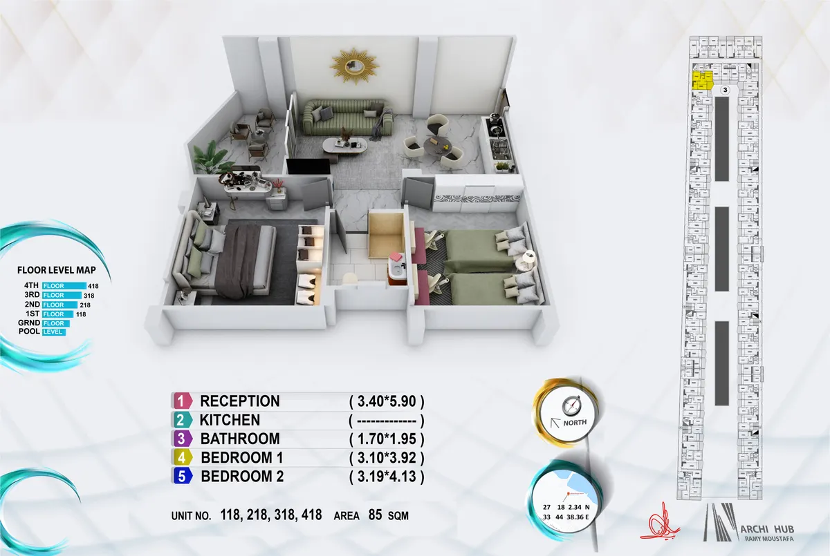 3D floor plan render of unit 218
