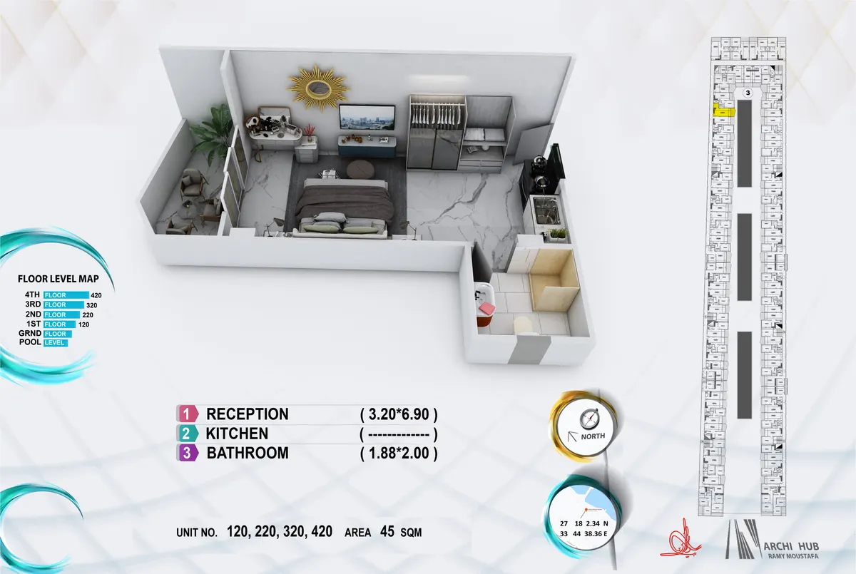 3D floor plan render of unit 320