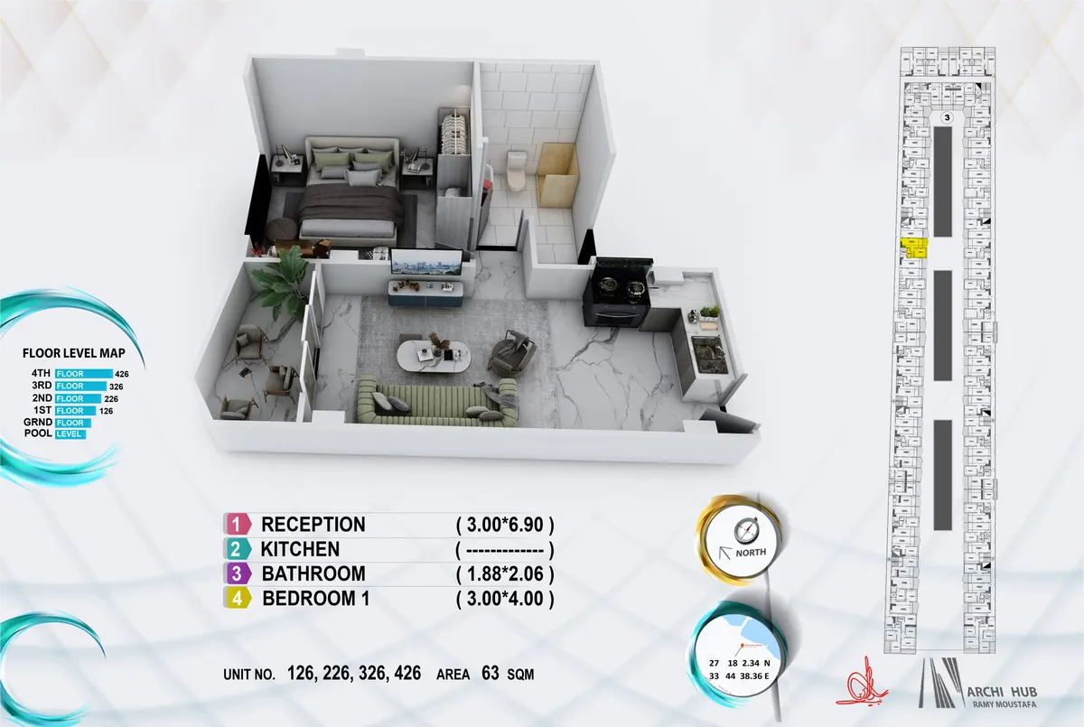 3D floor plan render of unit 426