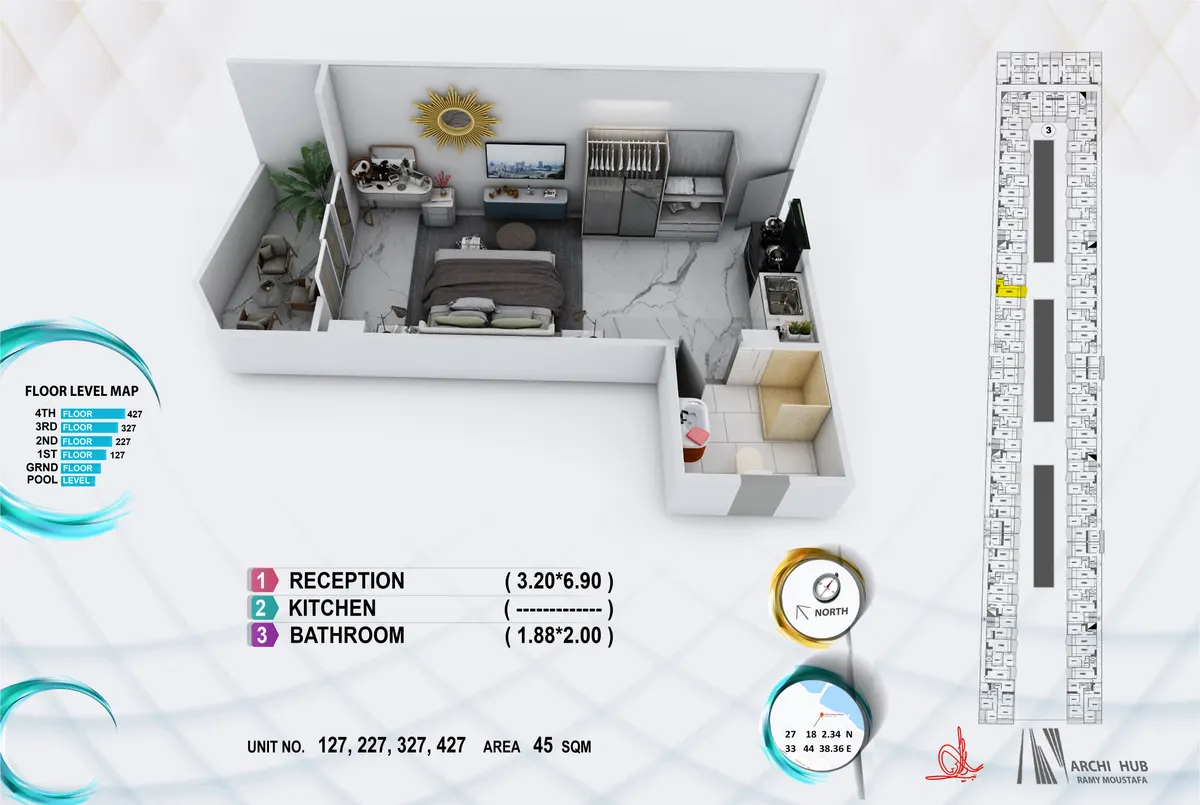 3D floor plan render of unit 227