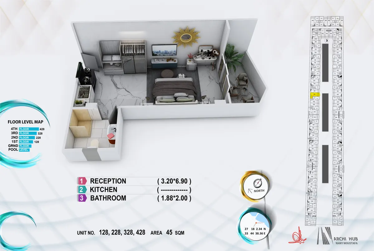 3D floor plan render of unit 228